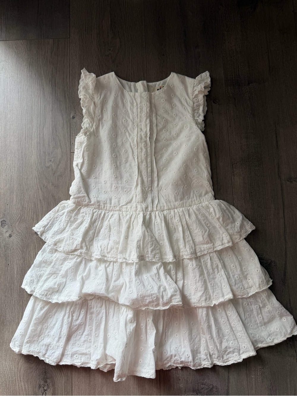 Mini Boden Girls' White Eyelet Tiered Ruffle Dress - size 8-9Y